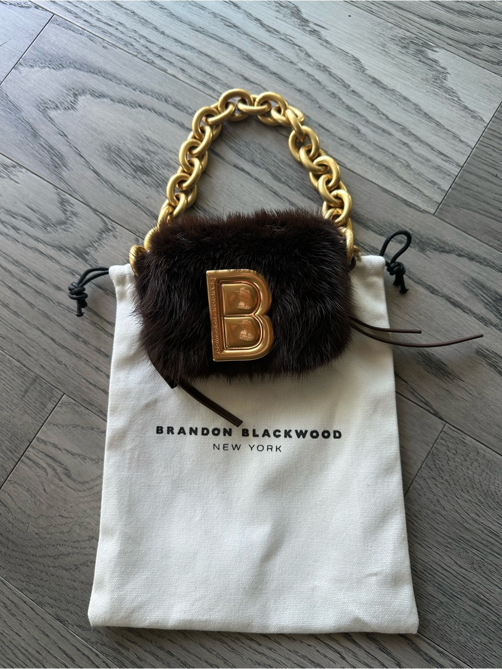 Brandon Blackwood Brown Mink Fur Mini Bag with Gold Chain